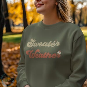 Sweater Weather Retro Fall Sweatshirt | Olive Green Cozy Autumn Pullover | Cute Fall Outfit | Pumpkin Spice Season Crewneck