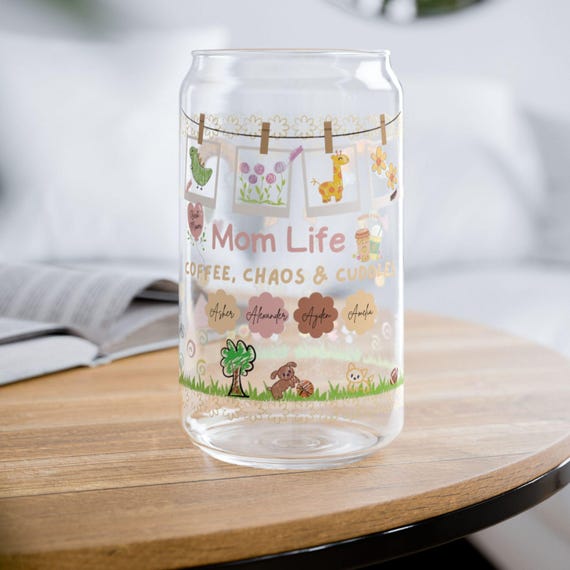 Personalized Gift for Mom, 16 oz. Sipper Glass - "Coffee Chaos & Cuddle", Mom Gift, Mother’s Day, Funny Cup, Cozy Mom Life,  Birthday Gift
