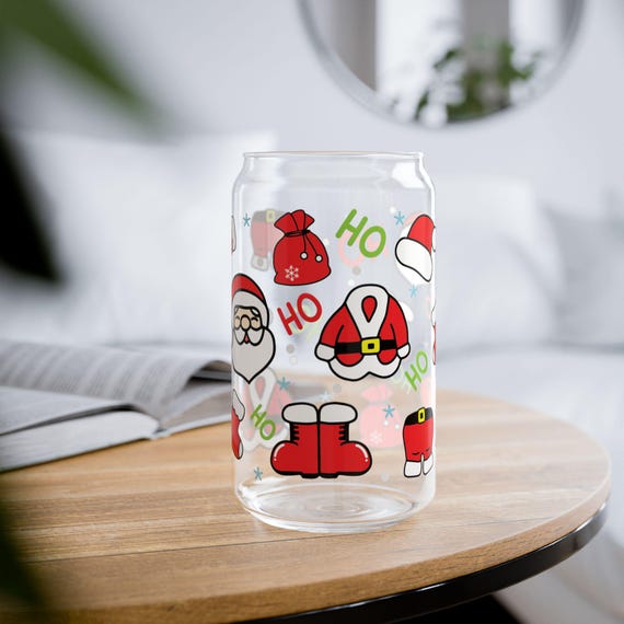 Christmas Glass coffee cup with lid/straw,  Santa Glass, gift for him/her, Gift Idea, Eco-Friendly tumbler, glass cup with lid/straw, gift