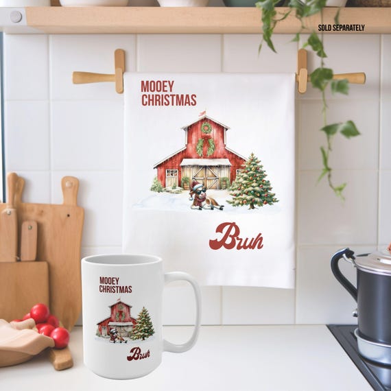 Funny Cow Christmas Mug and Tea Towel: Farmhouse Kitchen Decor