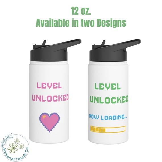 Gamer Water Bottle for Kids - Personalized Player 1 Bottle - Level Unlocked - Custom Name - 12 oz. or 18 oz. Back to School bundle,