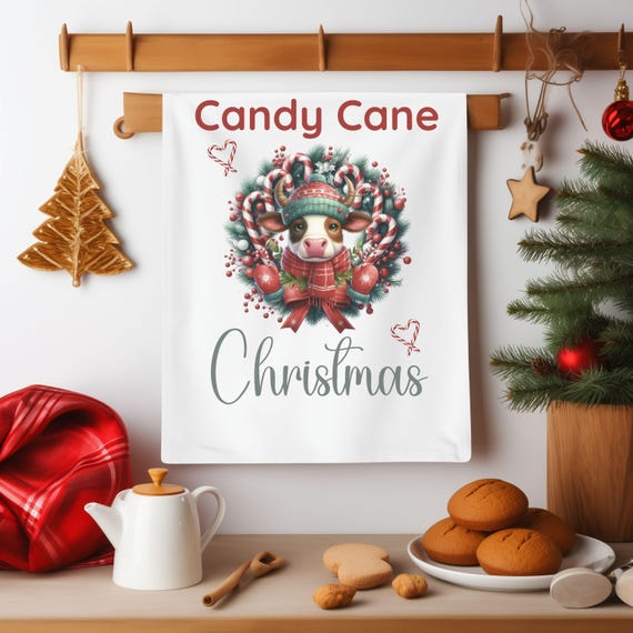 Candy Cane Cow Christmas Tea Towel: Festive Farmhouse Kitchen Decor