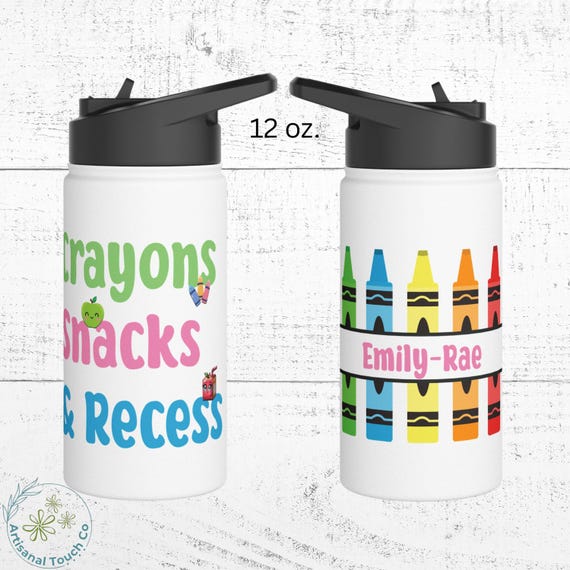 Personalized Crayons Snacks Recess, Crayons Chaos Recess Water Bottle, Back to School Name Bottle for Kids, 12 oz. and  18 oz.,