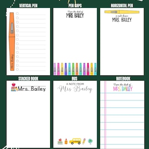 May include: A collection of stationery items, including notepads and pens, with a school theme. The notepads feature various designs, such as a vertical pen, a horizontal pen, and a notebook. The text "Mrs. Bailey" is present on several items.