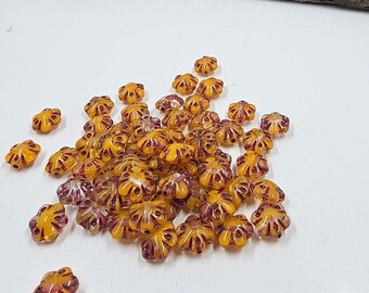 Czech Glass Beads -Folklore (Puffy) Flower Beads 11x11 transparent yellow/orange with a Metallic Red Wash Pkg of 10