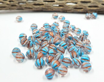 Czech Glass Beads "Melon" Clear Base with Blue and Metallic Gold 8mm Pkg of 10