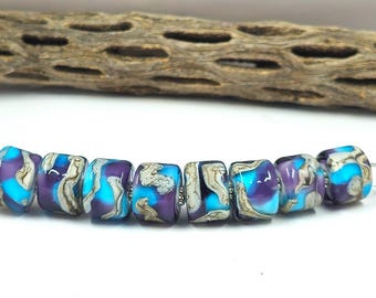 Drums in Aqua and Dark Violet  Lampwork Bead Set SRA ....Spacers Not Included with Beads