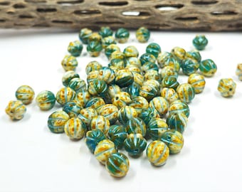Czech Glass Beads "Melon" Tans and Green with Green Metallic Wash and Picasso Finish 8mm  Pkg of 10