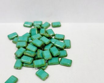 Czech Glass Rectangle Beads 12x08 Turquoise  Picasso Finish  (Pkg 0f 10)