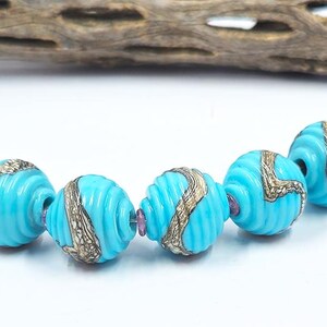 Ribbed "Lt. Turquoise and Silvered Ivory" Round Beads Handmade Lampwork Beads SRA