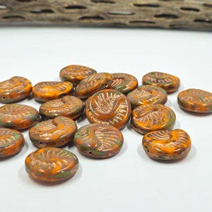 Czech Glass Fossil Bead 19x19 Orange-Picasso Finish- Copper Wash Pkg of 2