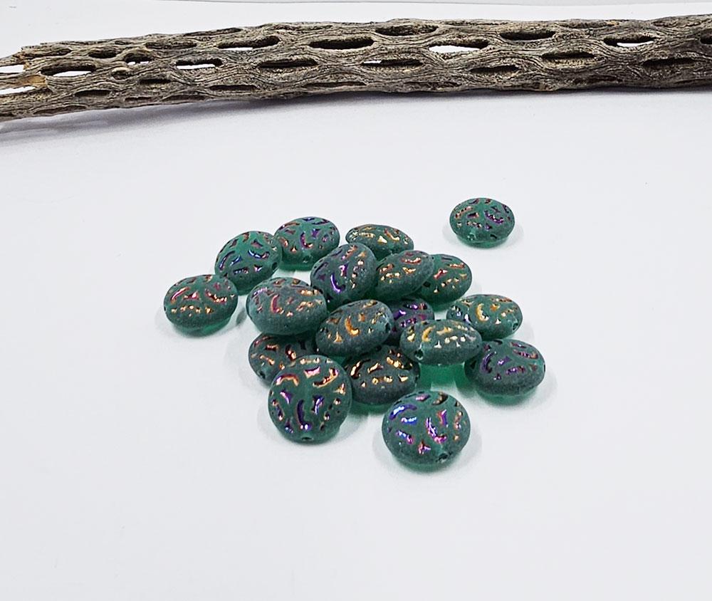 Czech Glass Beads - Button Beads - Brocade Coin Beads -Dark Emerald Green with Iridescent Wash- Beads - Puff Lentil Beads - 14mm - 4pcs