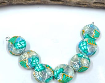 Polymer Clay "Teal Leaves and Flowers Bead Set SRA SRAJD