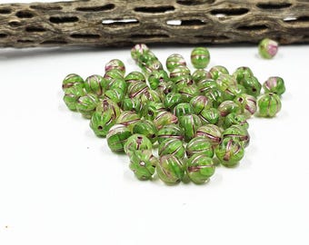 Czech Glass Beads "Melon" Green with a rose wash 8mm Pkg of 10