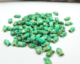 Czech Glass Beads Cute Little Fishies. Turquoise with Picasso Finish  Pkg of 20