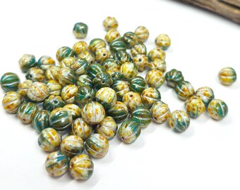 Czech Glass Beads "Melon" Tans and Olive Green  Silver  Wash and Picasso Finish 8mm  Pkg of 10