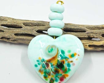 Mint Green Heart Focal with Spacers- Handmade Lampwork Beads  SRA ....Spacers not included with beads