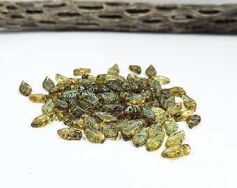 Czech Glass Beads - Leaves 06x12mm Amber with Metallic Green wash and Picasso Finish Pkg of 25 Top Drilled