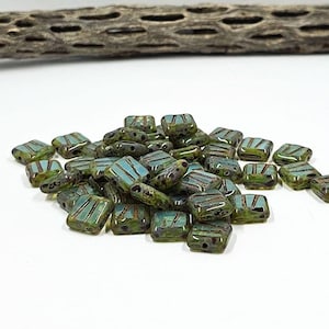Czech Glass Beads -Square Table Cut Square Beads Organic- Translucent Turquoise with Picasso 10x10 Pkg of 8