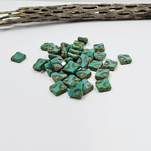 Czech Glass Beads -Square Table Cut Square Beads with Dots Turquoise Green and  Picasso 10x10 Pkg of 8