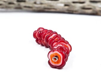 Abstract Flowers (Center Hole) Red Orange and Pink Glass Lampwork Bead Set SRA  SRAJD