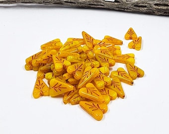 Czech Glass Beads "Heart Leaf" 16x11-Dark Yellow with Orange Wash Pkg of 6