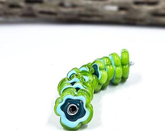 Abstract Flowers (Center Hole) Mermaid, Lt blue, Green apple Glass Lampwork Bead Set SRA  SRAJD
