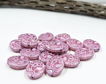 Czech Glass Beads -Floral Oval bead 21x16 White with Metallic Pink Wash pkg of 2