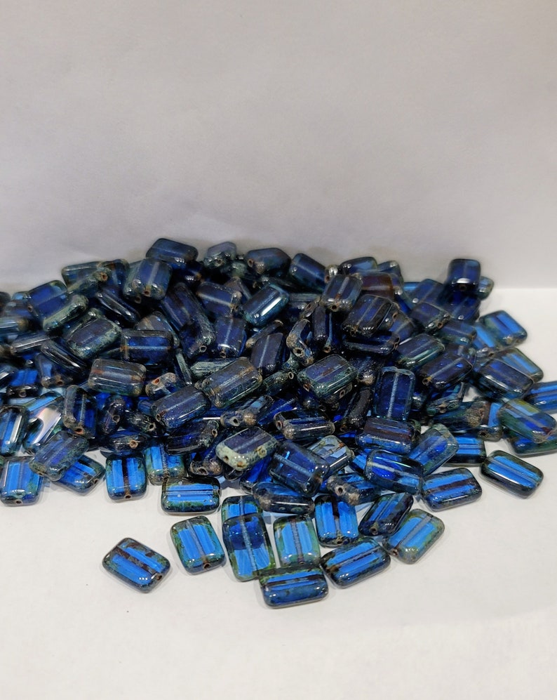 Czech Glass Rectangle Beads 12x08 Blue Transparent Picasso Finish Pkg 0f 10 image 1