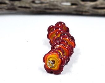Abstract Flowers (Center Hole) Red, Orange, and Yellow Glass Lampwork Bead Set SRA  SRAJD