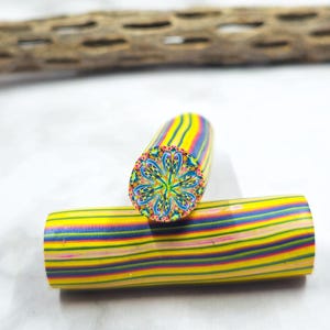Puede incluir: Dos tubos de arcilla polimérica coloridos con un patrón de rayas en amarillo, azul, verde y rosa. Un tubo está cortado para revelar un diseño floral detallado en el extremo. El fondo incluye un trozo de madera texturizada.