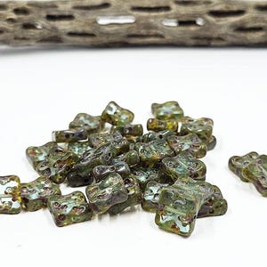 Czech Glass Beads -Square Table Cut Square Beads Organic- Aqua blue with Picasso 10x10 Pkg of 8