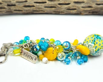Beaded Keychain or Purse Charm Polymer Clay Focal and Czech Beads 5.5 inches total length.