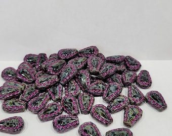 Czech Lacy Teardrop Beads Grey/Black with a Rose wash 17x12 (pkg of 4)