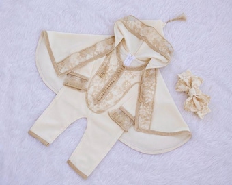 Traditional Moroccan Grenouillère with Selham in White and Gold Handmade Outfit for Eid, Weddings & Special Celebrations