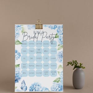 Juego de despedida de soltera con hortensias azules, bingo nupcial, descarga digital editable, plantilla, juego de despedida de soltera, bingo de hortensias azules para bodas