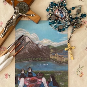 Desayuno persa de verano después de los laudes / Arte mural cristiano espiritual / Impresión artística sobre la vida en un monasterio católico / Decoración sagrada católica para el hogar
