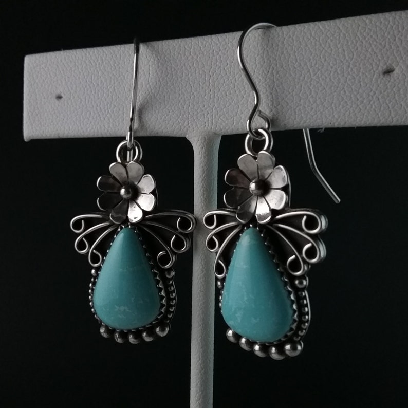 Navajo Made Sonoran Turquoise New 2019 Sterling Silver Campitos Turquoise Floral Earrings