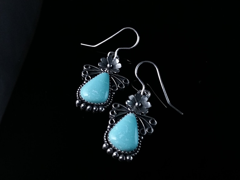Navajo Made Sonoran Turquoise New 2019 Sterling Silver Campitos Turquoise Floral Earrings