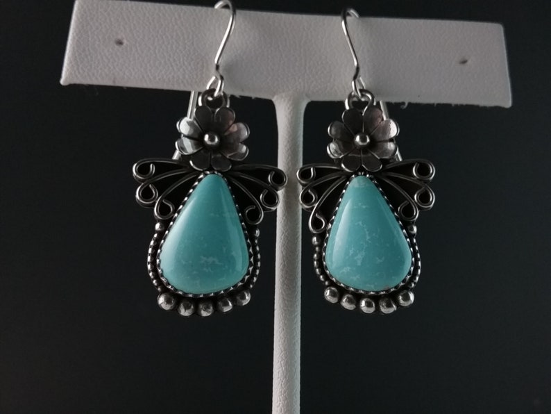 Navajo Made Sonoran Turquoise New 2019 Sterling Silver Campitos Turquoise Floral Earrings