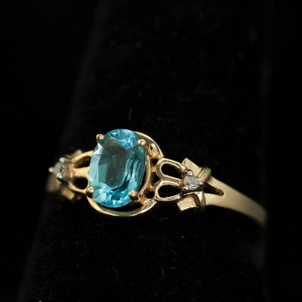Ring Woman's Swiss Blue Topaz Ring 14K with Diamonds Woman's Vintage