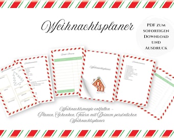 May include: A printable Christmas planner with a red and white candy cane border. The planner includes sections for budget planning, gift ideas, and a Christmas wish list. The text "Weihnachtsplaner" is written in cursive at the top of the page. The text "PDF zum sofortigen Download und Ausdruck" is written in black text on a white circle.