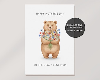 Moederdagkaart Bear: leuke afdrukbare wenskaart (digitale download)