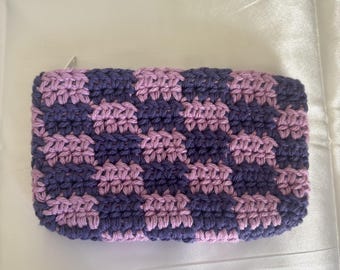 Crochet Orchid Pink & Purple Checkered Zip Pouch