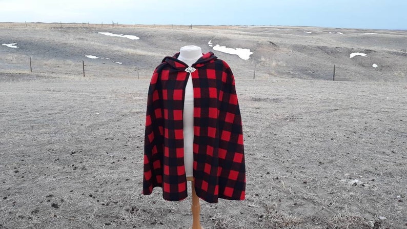 Red Buffalo Plaid Fleece Hooded Cloak Everyday Cape Adult Clothing