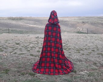 Red Plaid Halloween Fleece Cloak Costume Hooded Wedding Renaissance Medieval Bridal Cape Scottish Buffalo Check