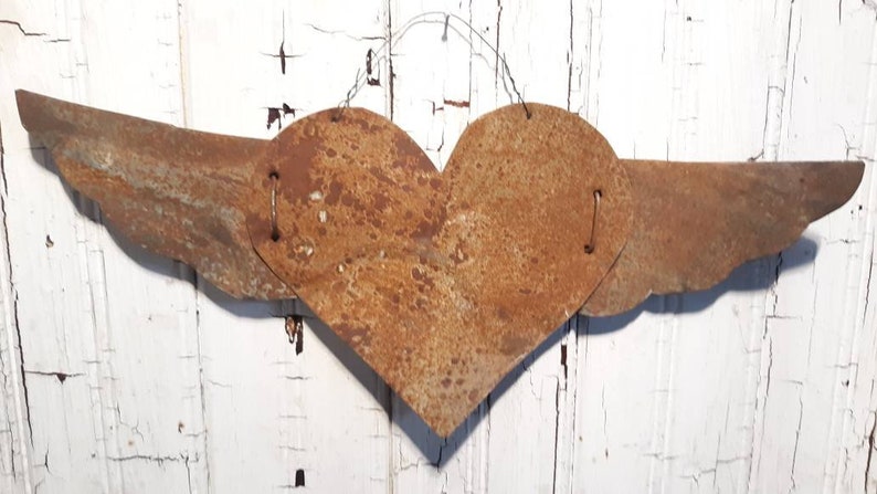 Rusty Tin Heart with Wings Antique Tin Upcycled From Barn Roof Home Decor Rustic Primitive Valentine's Day Gift Decoration image 7
