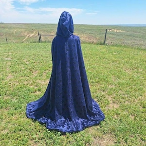 Navy Blue Stars Celestial Hooded Magic Cloak Halloween Adult Costume Cape Renaissance Festival Medieval Stars