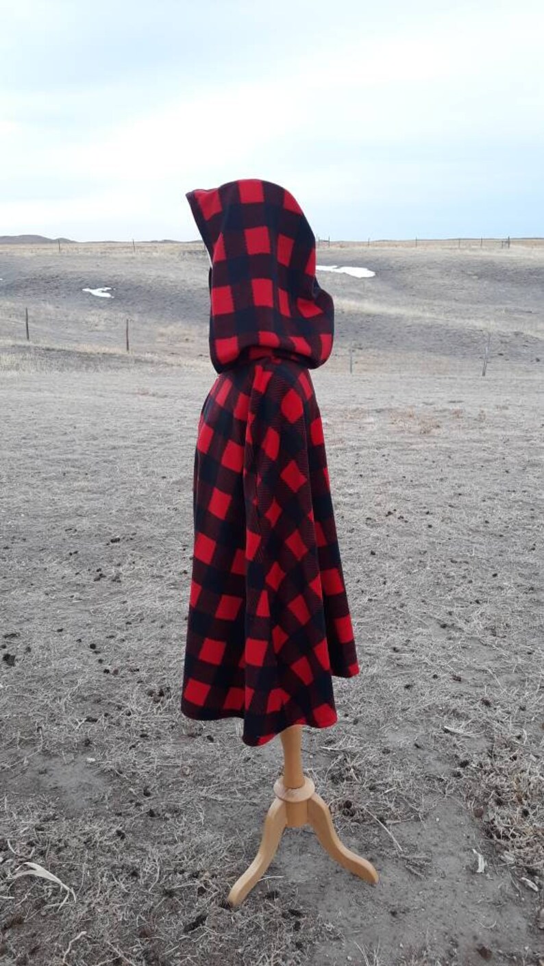 Red Buffalo Plaid Fleece Hooded Cloak Everyday Cape Adult Clothing