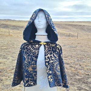 Blue Velvet Hooded Capelet Halloween Adult Costume Navy Magic Cape Trick or Treat Renaissance Festival Wedding Medieval Astrology Zodiac